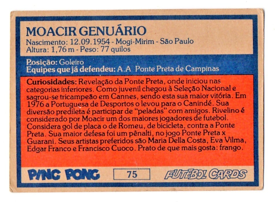| Casa do Colecionador Ping Pong Futebol Cards A. A. Portuguesa de Desportos – Nº 75 – Moacir