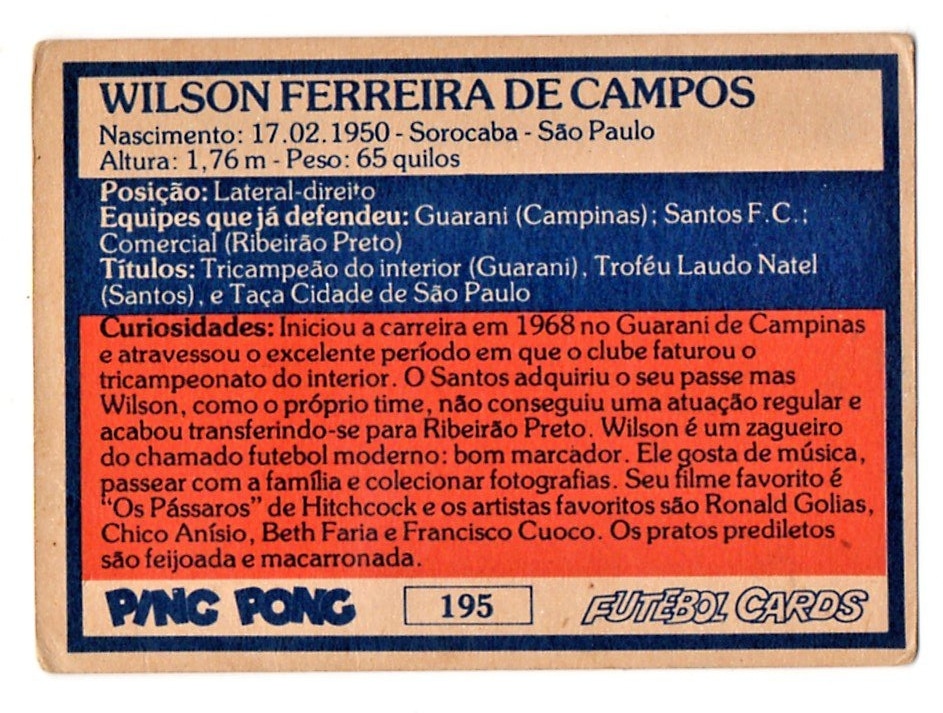| Casa do Colecionador Ping Pong Futebol Cards Botafogo Futebol Clube – Nº 195 – Wilson Campos