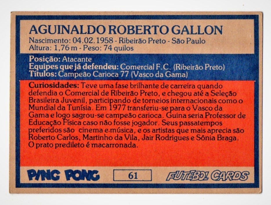 | Casa do Colecionador Ping Pong Futebol Cards Clube de Regatas Vasco da Gama – Nº 61 – Guina