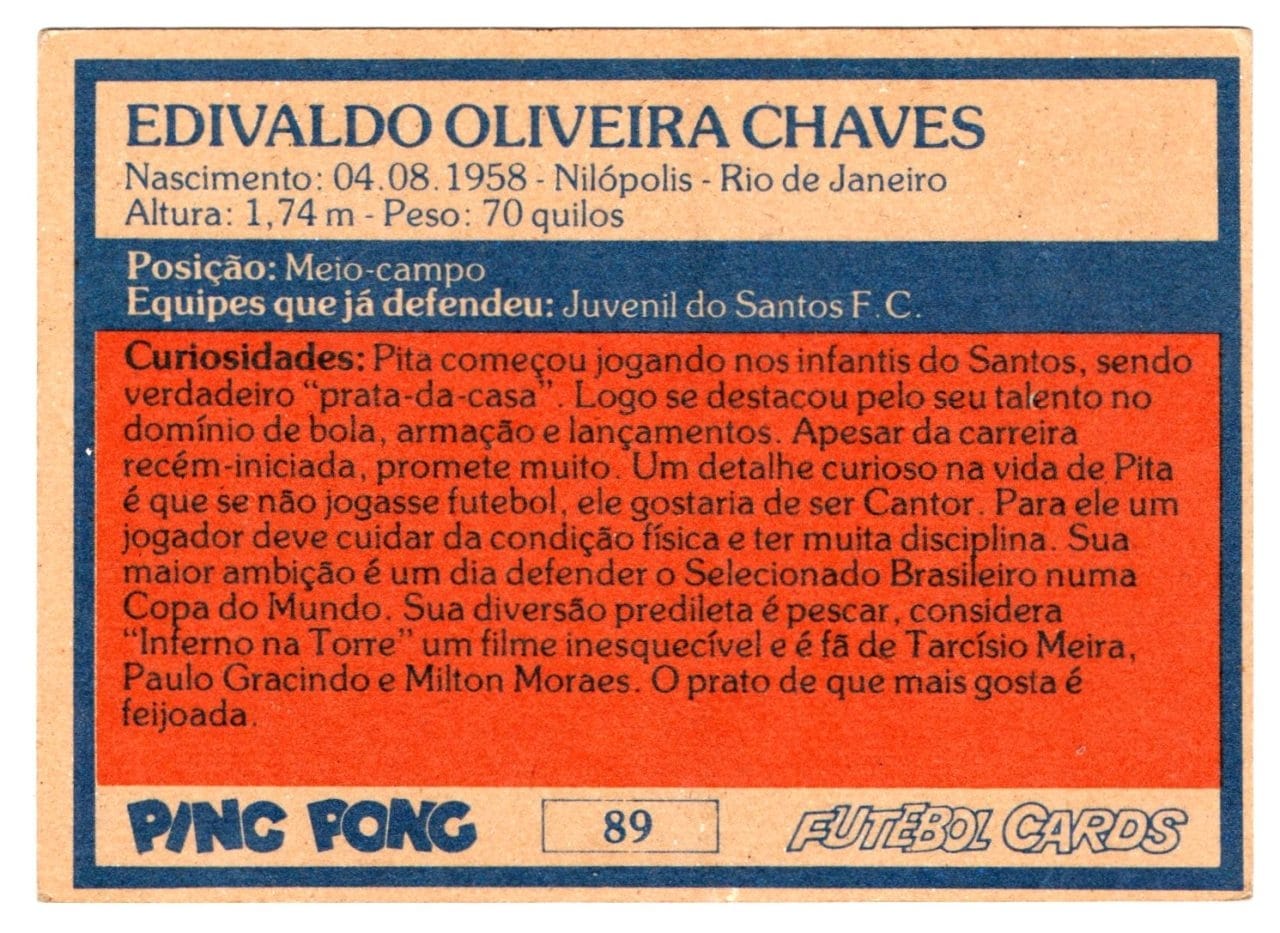 | Casa do Colecionador Ping Pong Futebol Cards Santos Futebol Clube – Nº 89 – Pita