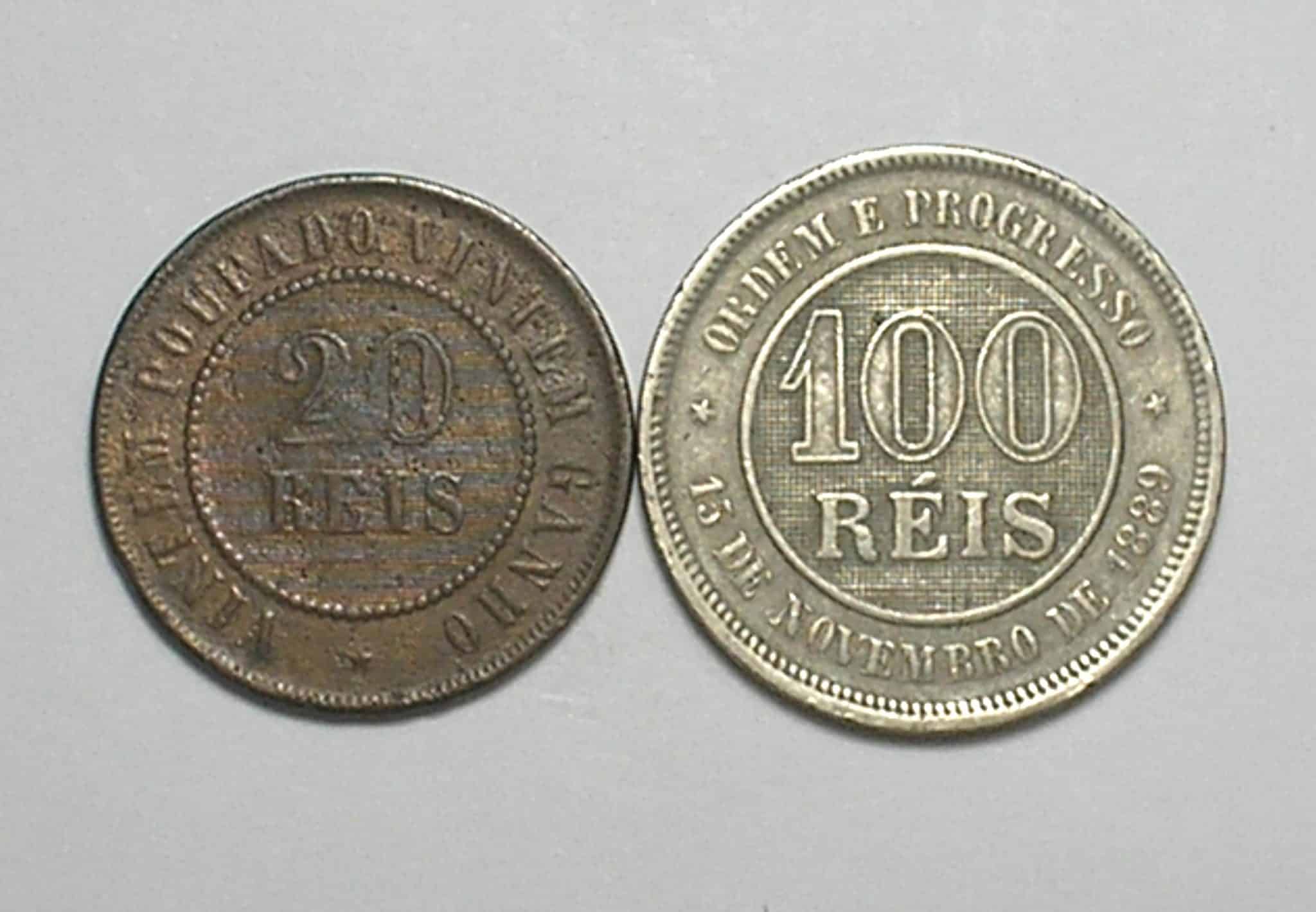 | Casa do Colecionador 20 e 100 Réis – 1889 / Republica – Bronze e Niquel