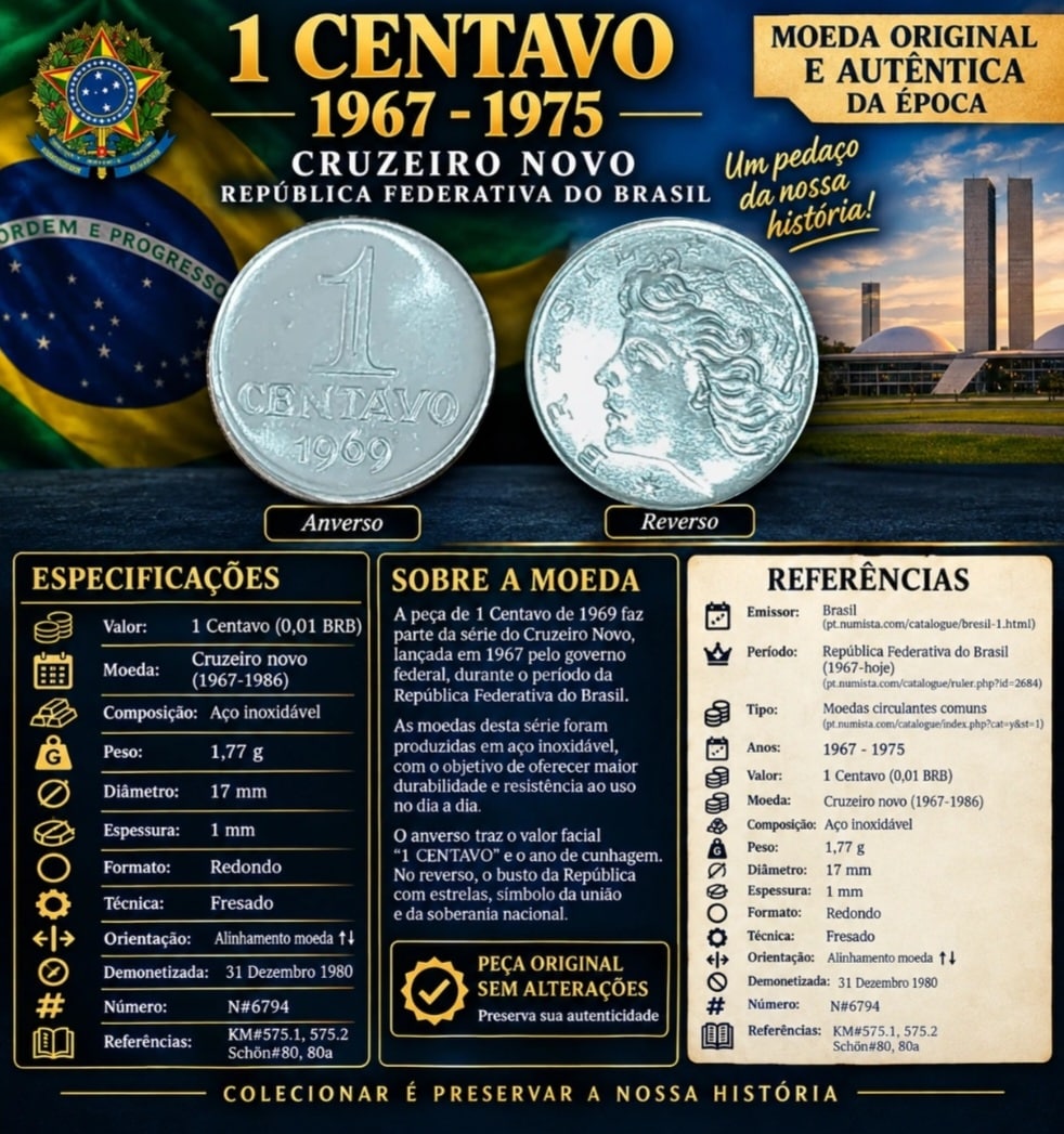| Casa do Colecionador 1 Centavo 1969 Sob/FC Sku 2163