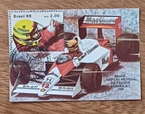 Bloco comemorativo Brasil 1989. Campeão mundial Fórmula 1 Ayrton Senna.