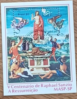 Bloco selo V centenário de Raphael sanzio. Carimbo de primeiro dia.