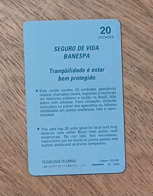 | Casa do Colecionador Cctb. Cartão telefone Brasil CTBC SP 1998. Seguro de vida Banespa.