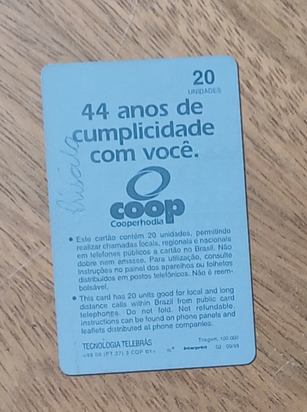 | Casa do Colecionador Cctb. Cartão telefone Brasil TBC SP 1998. Coop cooperhodia 44 anos.