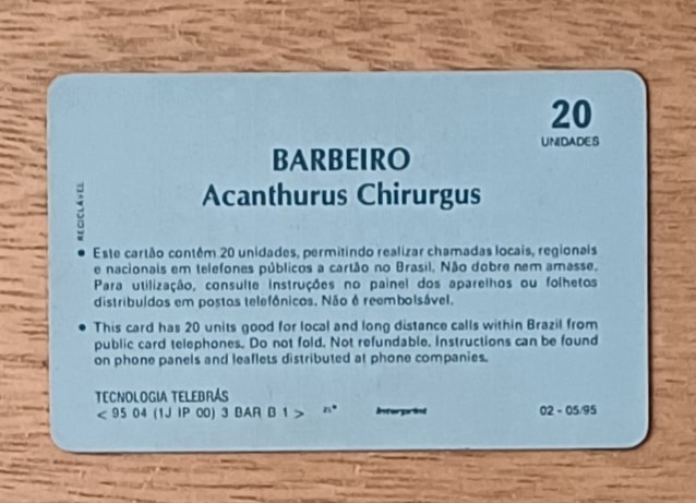 | Casa do Colecionador Cctb. Cartão telefone Brasil Telebrás 1995. Peixes Barbeiro.