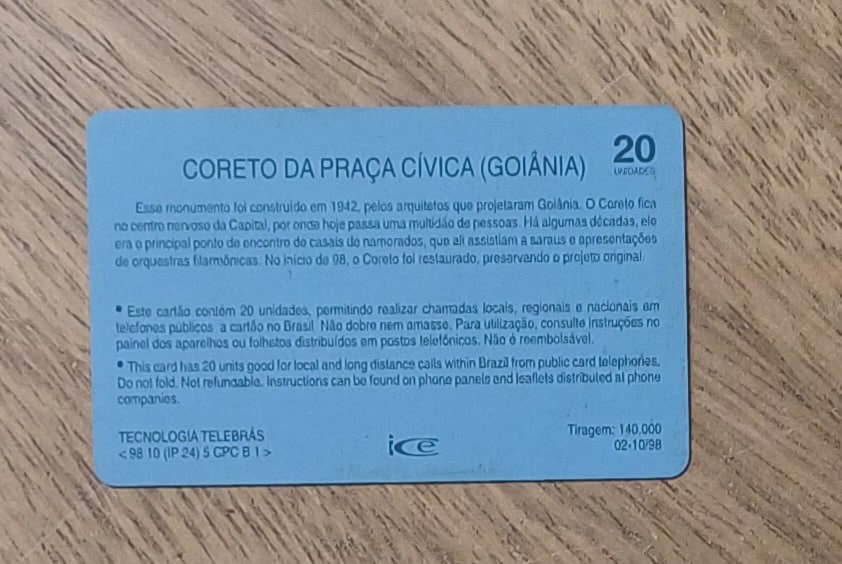 | Casa do Colecionador Cctb. Cartão telefone Brasil Telegoias 1998. Coreto da praça cívica em Goiânia.