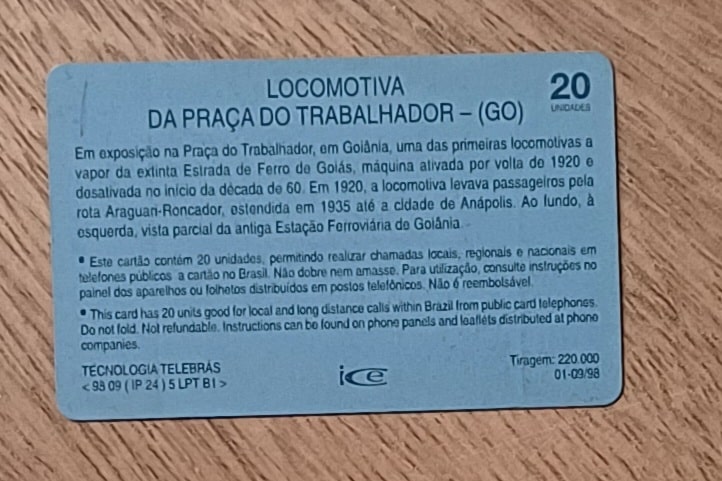| Casa do Colecionador Cctb. Cartão telefone Brasil Telegoias 1998. Locomotiva da praça do trabalhador