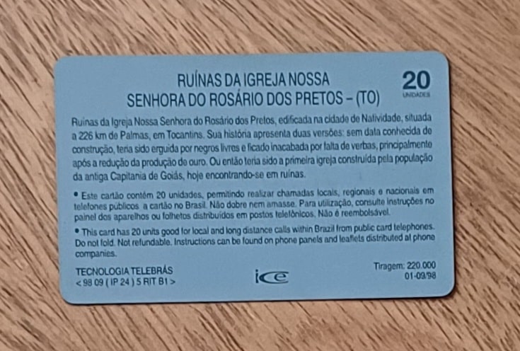 | Casa do Colecionador Cctb. Cartão telefone Brasil Telegoias 1998. Ruínas Igreja Nossa Senhora do Rosário dos pretos.