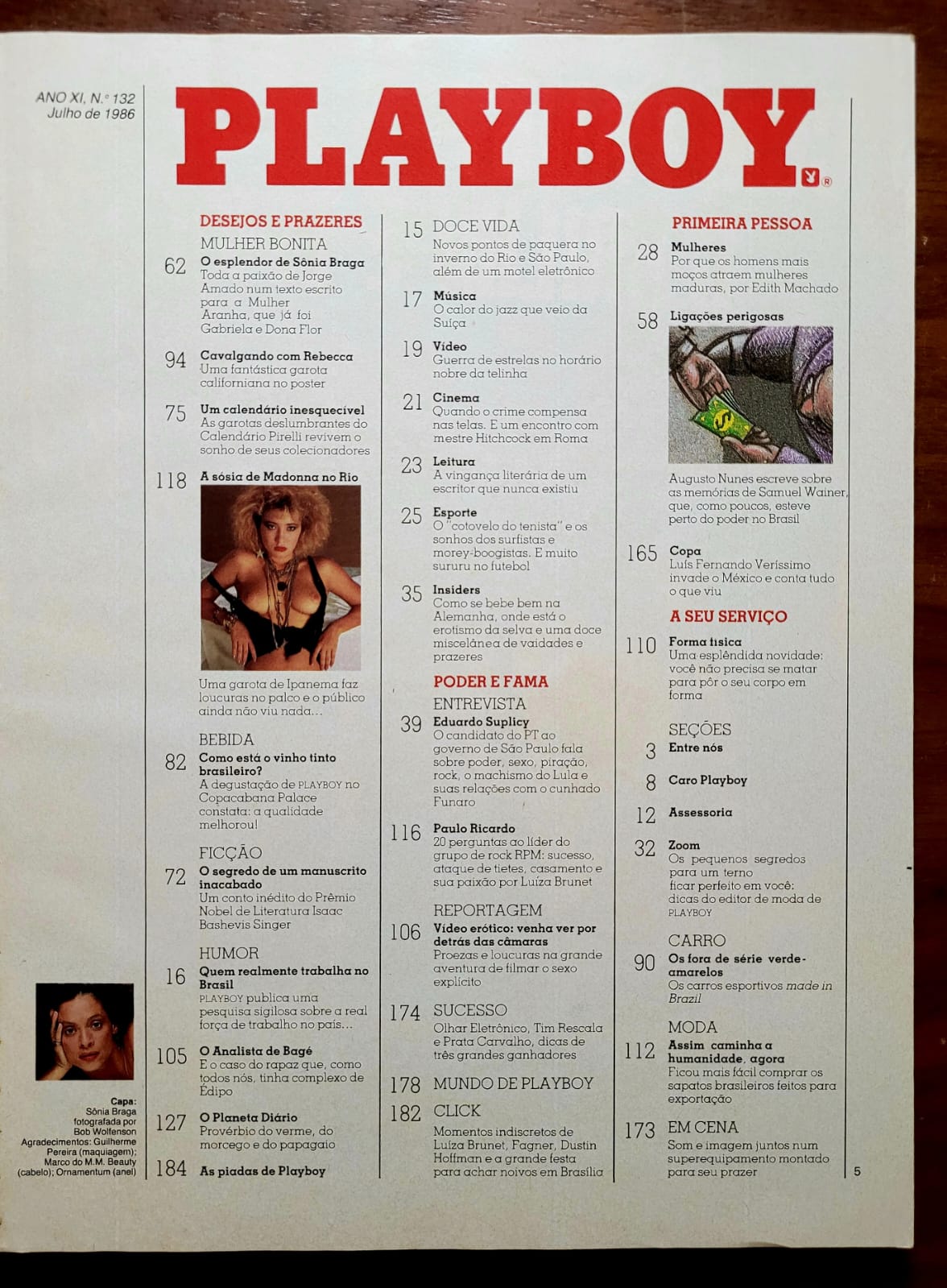 | Casa do Colecionador Playboy Nº 132 | Julho/1986 | Sônia Braga | Capa Desdobrável | Pôster Rebecca Ferratti Presente