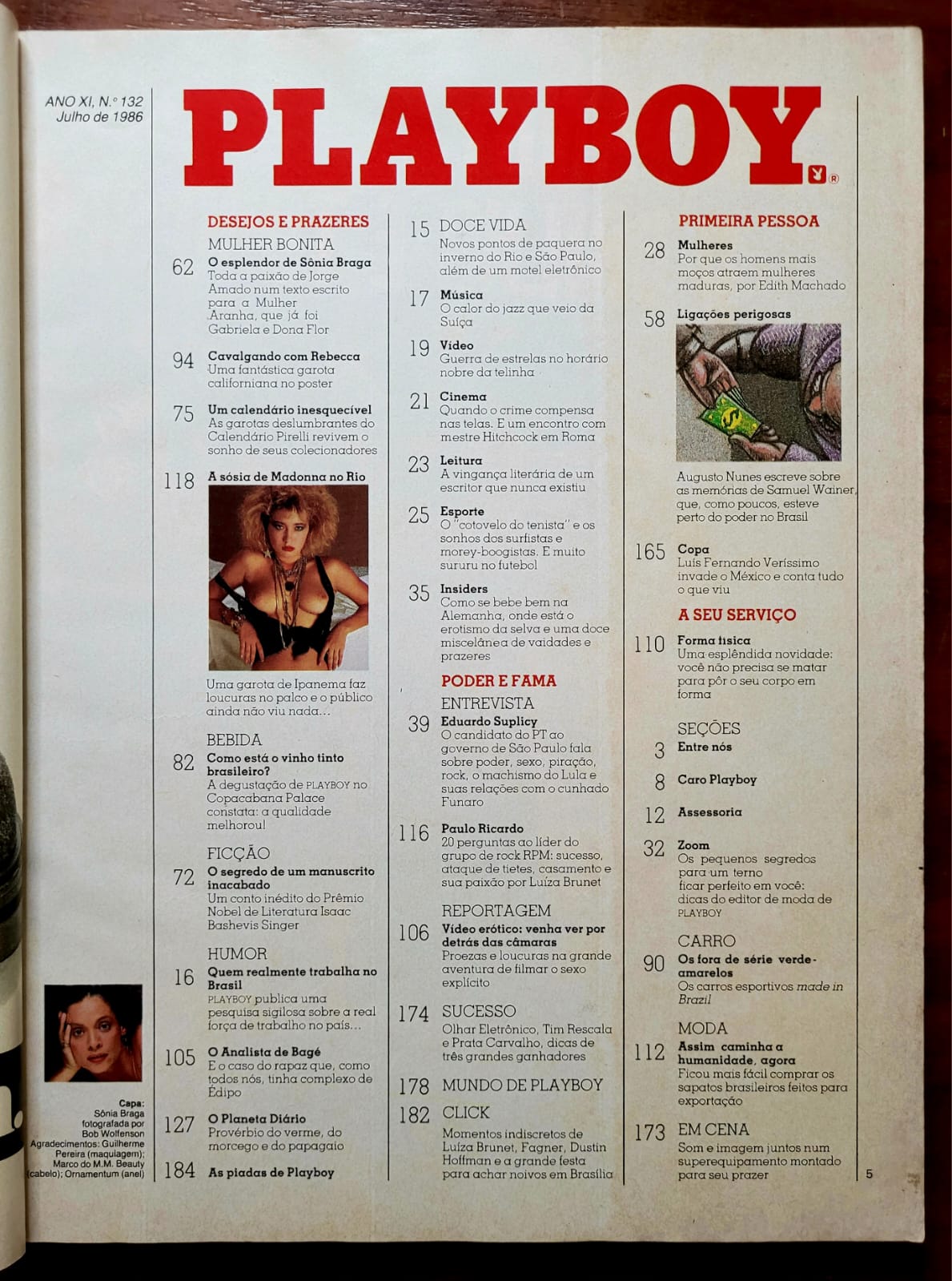| Casa do Colecionador Playboy Nº 132 | Julho/1986 | Sônia Braga | Capa Desdobrável | Pôster Rebecca Ferratti Presente