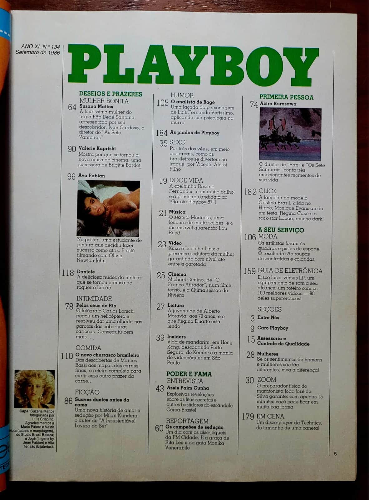 | Casa do Colecionador Playboy Nº 134 | Setembro/1986 | Suzana Mattos | Pôster Ava Fabian | Exemplar de Assinante