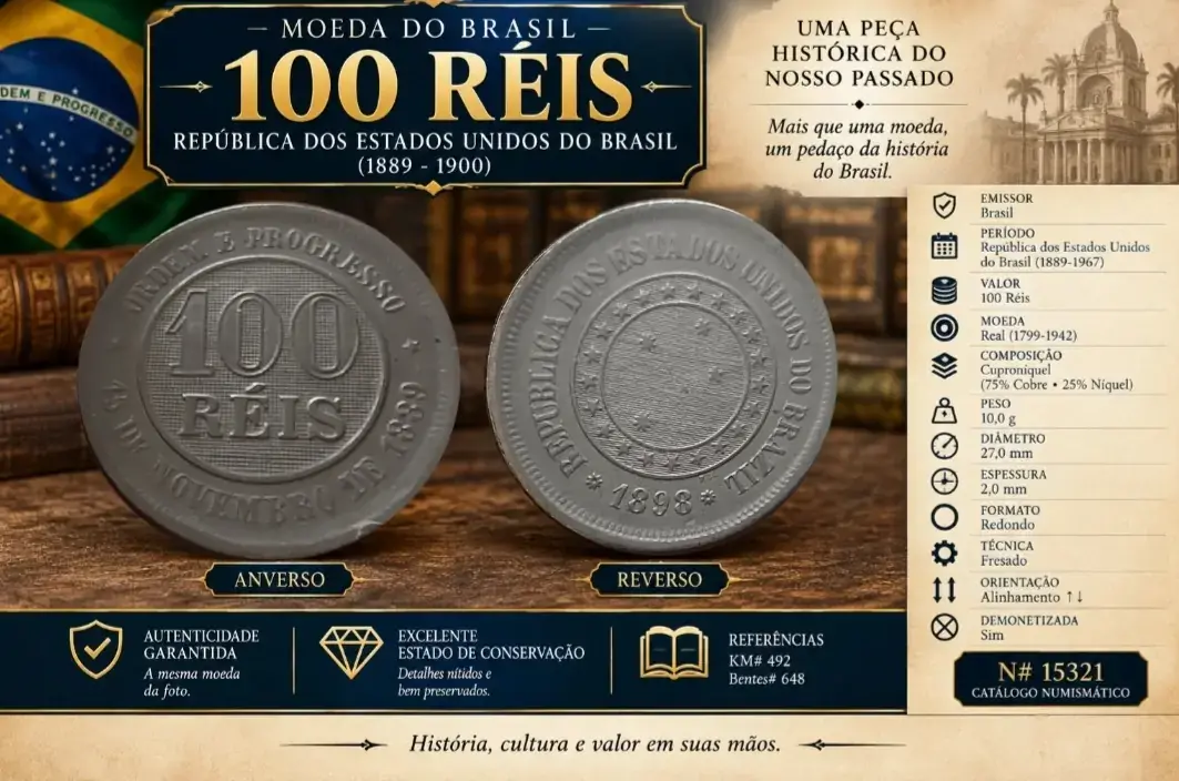 | Casa do Colecionador 100 Réis 1898 + Slab República Sku 2232