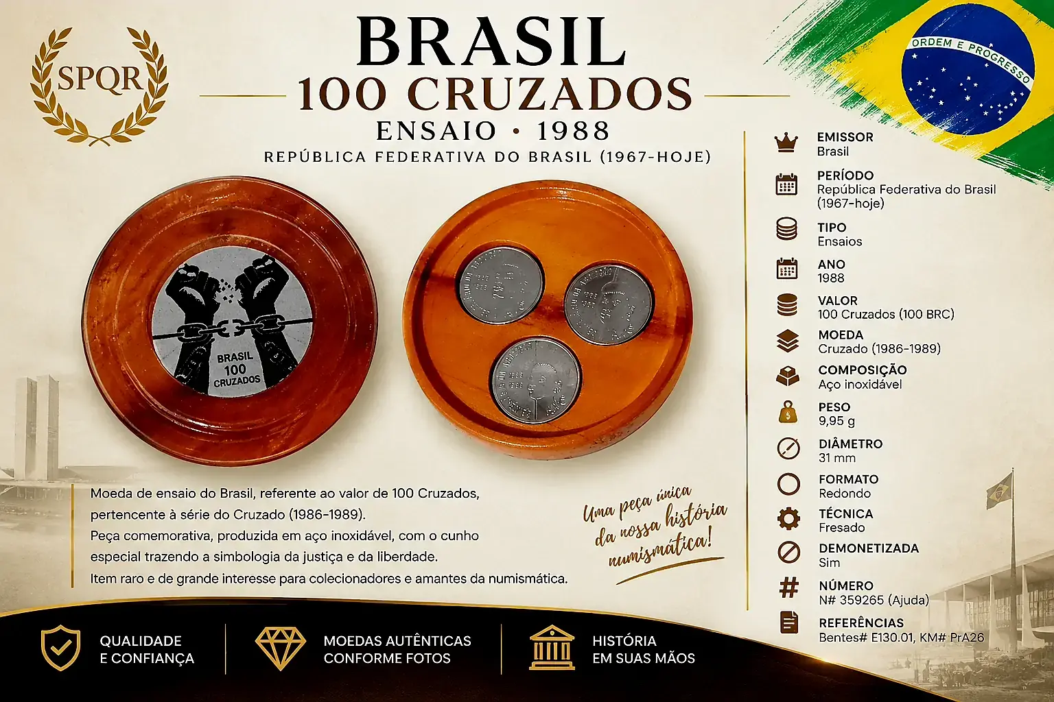 | Casa do Colecionador Estojo em madeira+Série Axé 100 Cruzados 1988 Sku 1731