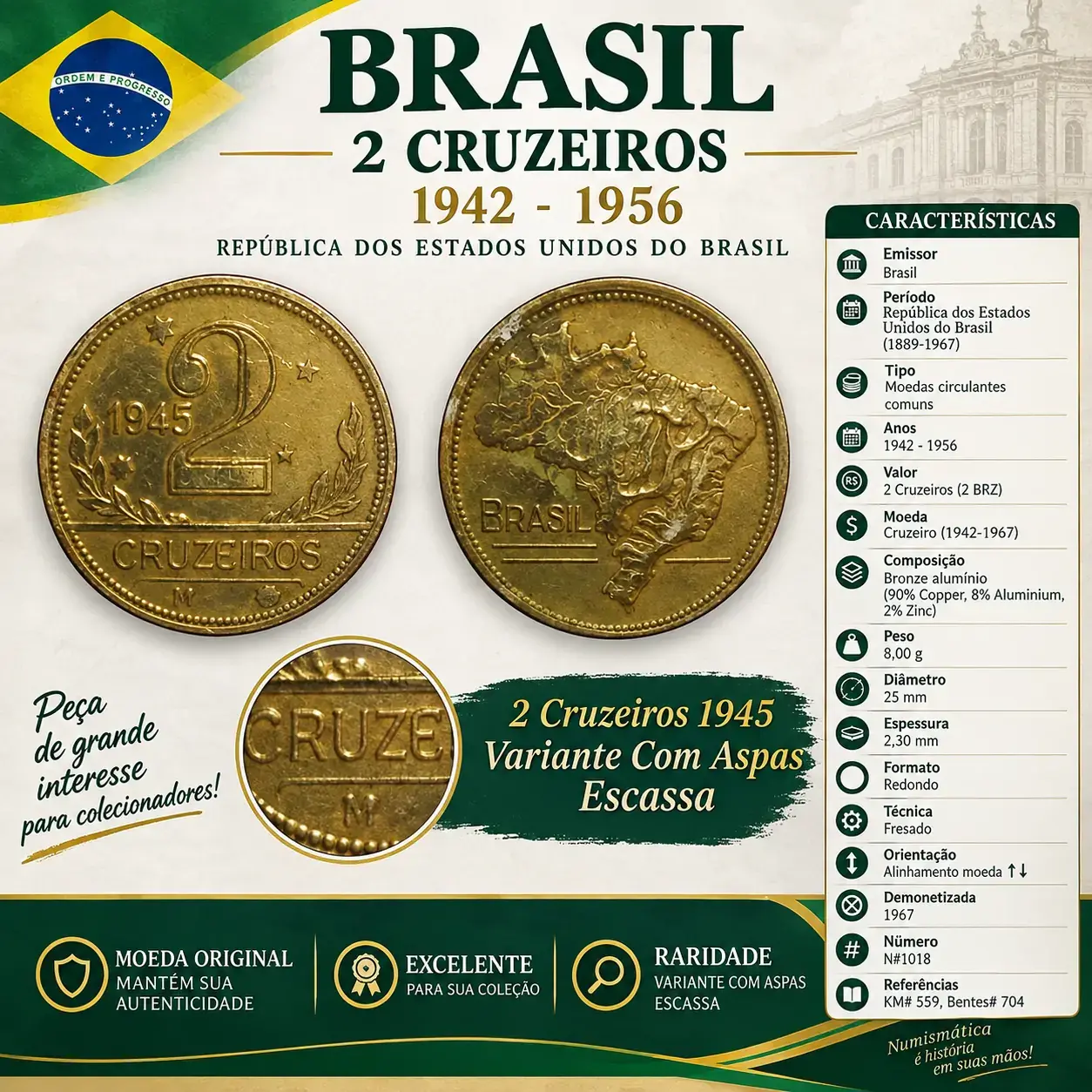 | Casa do Colecionador 2 Cruzeiros 1945 com Aspas Sku 0220